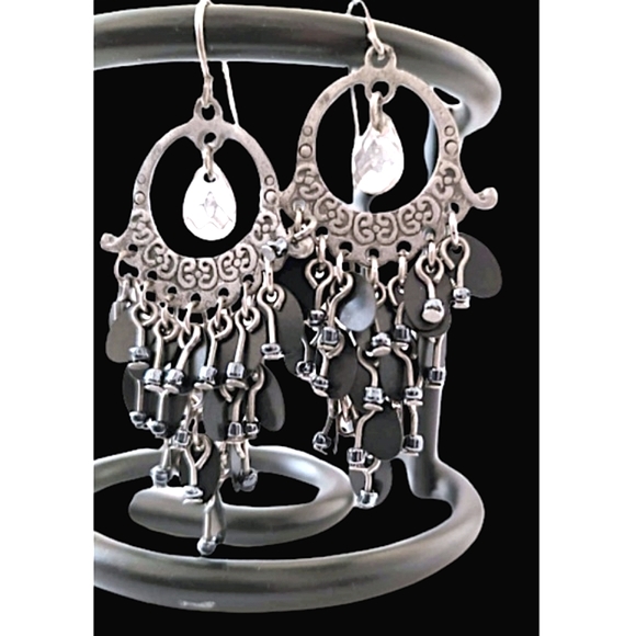 Vintage Silver Bohemian Antiqued Metal Beaded Chandelier Earrings Bracelet Set - Picture 7 of 8